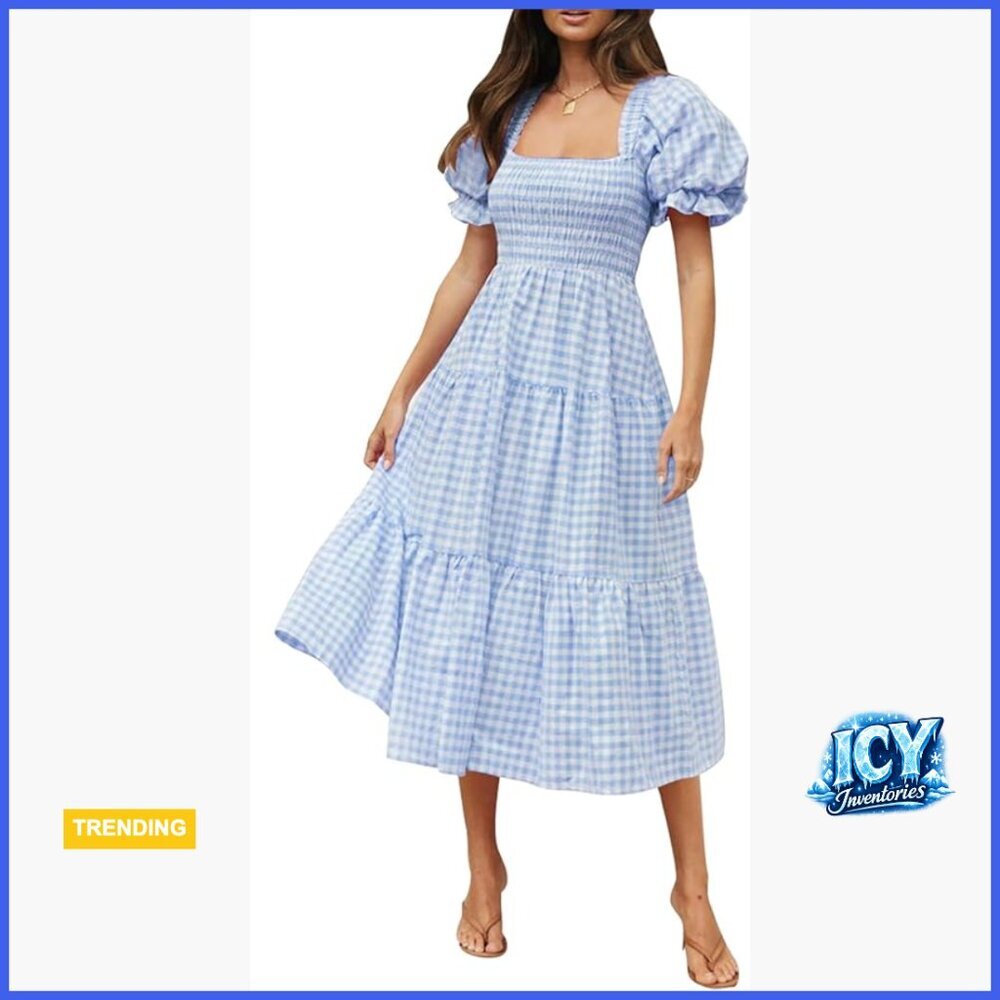 Bohemian Plaid Square Neck Puff Sleeve Ruffle Flowy Midi Dress